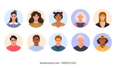 Los rostros de personas modernas y elegantes de diferentes nacionalidades en círculos. Un conjunto de avatares, retratos de personajes femeninos y masculinos. Ilustración vectorial brillante en un estilo plano