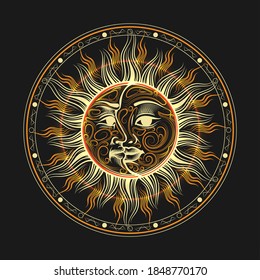 Faces of the moon and Sun United on one disc, Occult symbol. Vector illustration.