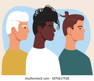 The faces of multicultural men. Flat vector stock illustration. The concept of a multicultural society, a male community. Different ethnic group. Male portrait black skin, adult, young, old