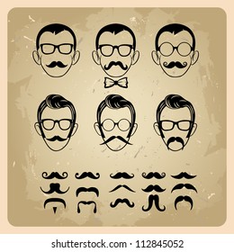 Faces with Mustaches, sunglasses,eyeglasses and a bow tie - vector illustration