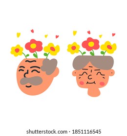 Faces of old couple with flowers in their heads. Mental health concept. Hand drawn Illustration.
