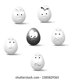 Faces on chicken eggs in the form of facial expressions, reflecting emotions. The concept of racism.