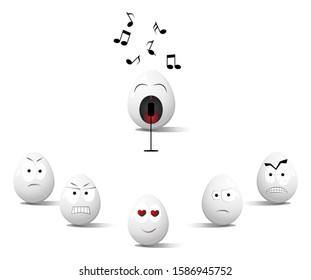 Faces on chicken eggs in the form of facial expressions, reflecting emotions. The concept of sing or sound.