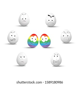 Faces on chicken eggs in the form of facial expressions, reflecting emotions. The concept of lgbt.