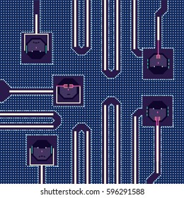 Faces on computer chips on a circuit board depicting hear no, see no and speak no evil.
