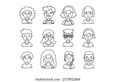 Faces outline doodle people set. Human Avatars Collection. Drawing Old and young age. Vector illustration