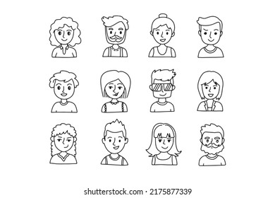 Faces outline doodle people set. Human Avatars Collection. Drawing Old and young age. Vector illustration