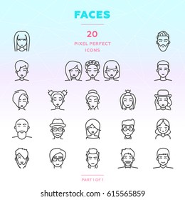 Faces outline icon set of 20 thin modern and stylish icons. People with different hairstyles. Men and women. Boys and girls. Dark line version. EPS 10. Pixel perfect icons.