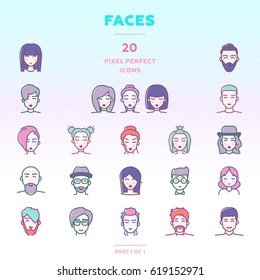 Faces outline icon set of 20 modern and stylish icons. People with different hairstyles. Men and women. Boys and girls. Color version. EPS 10.