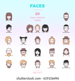 Faces outline icon set of 20 modern and stylish icons. People with different hairstyles. Men and women. Boys and girls. Brunettes and blondes. Color version. EPS 10.