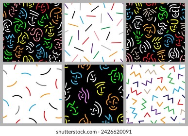 faces of people abstract lines multicolored seamless vector pattern set  , kids and teenager line background
