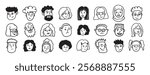 Faces people different avatars doodle hand drawn icon set. Outline drawing head people line clipart symbol collection. Vector illustration