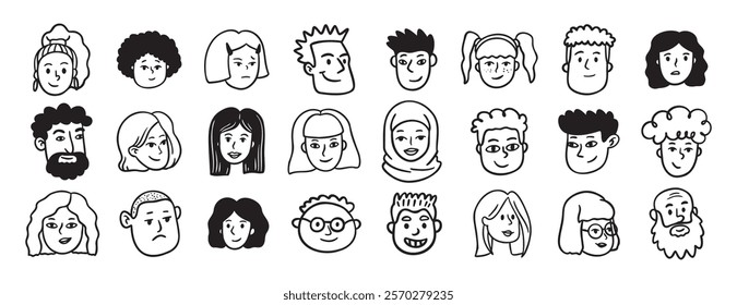 Faces people different avatars doodle hand drawn icon set. Outline drawing head people line clipart symbol collection. Vector illustration