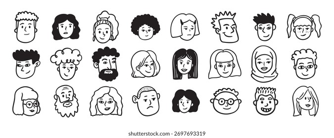 Las personas se enfrentan a diferentes avatares doodle dibujado a mano conjunto de iconos. Esquema de la cabeza de dibujo personas línea Clipart símbolo colección. Ilustración vectorial