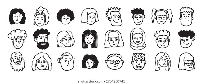 Faces people different avatars doodle hand drawn icon set. Outline drawing head people line clipart symbol collection. Vector illustration