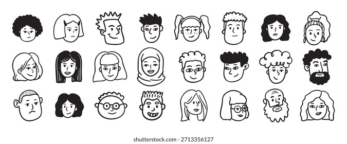 Faces people different avatars doodle hand drawn icon set. Outline drawing head people line clipart symbol collection. Vector illustration