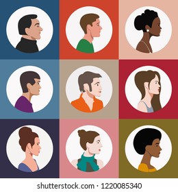 faces of people of different gender, different age and different races in profile, set