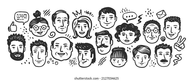 Faces of people different nationalities and ages drawn with black outline. Society doodle vector illustration
