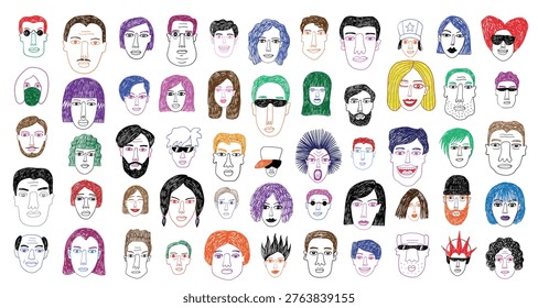  faces of people doodles vector illustration , hand drawn multicolored heads mans and womans  , modern society background