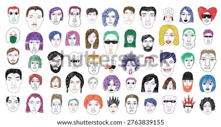  faces of people doodles vector illustration , hand drawn multicolored heads mans and womans  , modern society background