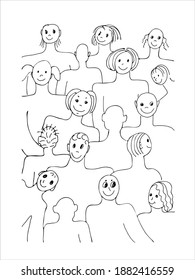  faces of people - hand drawn.  Crowd of abstract people. Flat design, vector illustration. Comic illustrations. Coloring book