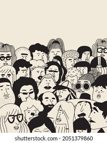 Faces of people - hand drawn doodle set. Black and white vector illustration of people. Collection of different people. Young, middle age, senior adult women's men's children's pattern background.