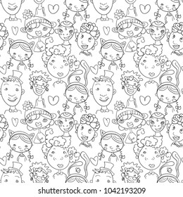 Faces of people. Outline of characters. Seamless background. Only the outline, for coloring. Funny drawings. Positive. People. Vector.
