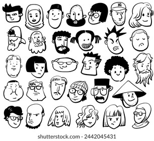 Caras de la gente conjunto doodle ilustración vectorial