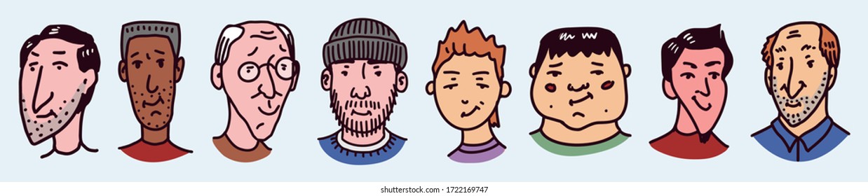 Faces of people set. Human Avatars Collection. Old and young age. Happy emotions. Men Portrait with a positive facial expression. Hand drawn doodle sketch.