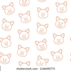 The faces of the pigs with pink outline on a white background. Pigs are laughing, different emotions. 