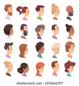 Faces profile. Avatars people expression simple heads male and female vector persons cartoon illustrations