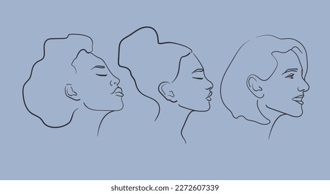 Faces profile of a girls in line-art style on a blue background. Woman faces outline. Makeup artist face template