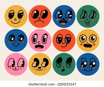 Faces of retro cartoon and comic book characters from the 30s in colorful circles. Traditional vector emotion elements. Vintage character maker for trend illustration.