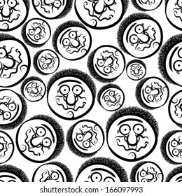 Faces seamless background, vector cartoon style pattern, black and white lines hand drawn illustration.