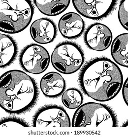 Faces seamless background, vector cartoon style pattern, black and white lines hand drawn illustration.