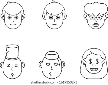 Faces Set - Black and White Minimalistic Vector Image of Six Faces