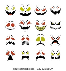 Faces set of Helloween. Spooky creature with evil eyes, teeth and a scary smile