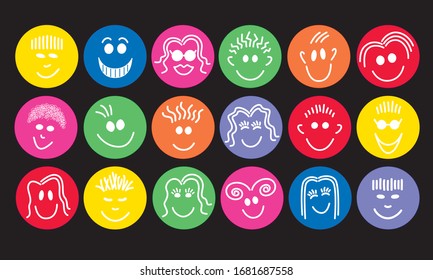 Faces Set, white line drawings on color backgrounds