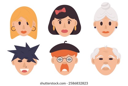 Faces of six different characters with unique hairstyles and expressions on a white background, representing different personalities and ages. Generation concept