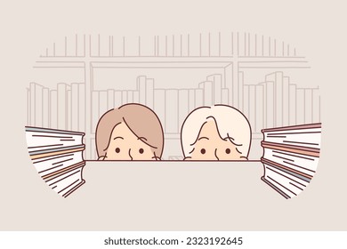 Faces of students near shelf with books in library or bookstore with textbooks and educational literature. Man and woman choose books to read in free time or to prepare for school exams
