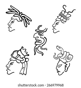 Faces in style of Maya Indians, vector illustration on white background