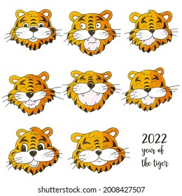 Faces of tigers. Symbol of 2022. Set of tigers in hand draw style. New Year 2022