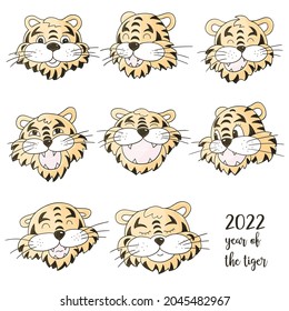 Faces of tigers. Symbol of 2022. Set of tigers in hand draw style. New Year 2022