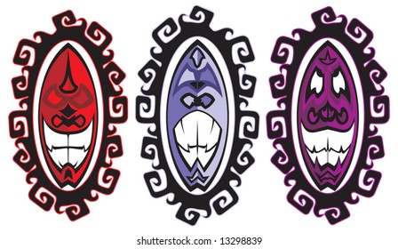 Faces of tribal sun masks.
