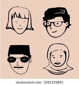 faces of two pairs of people, doodle drawings vector