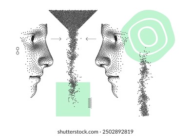 Rostros de dos personas mirándose con atención. El concepto de encontrar una solución a los problemas científicos. Abstractas cabeza humana digital hecha de puntos. Composición artística. Vector 3D para un diseño variado.