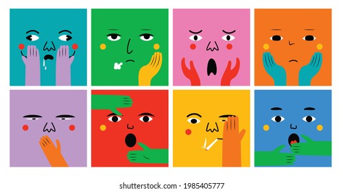 Faces with various Emotions and hand gestures. Different color characters.