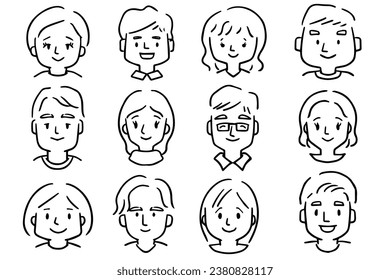 Faces of various men and women monochrome icon set.