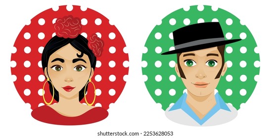 Rostros de mujeres y hombres con estética flamenca. Par de íconos andaluces con fondo de polka ideal para colocar en las puertas de los baños de las casetas de la feria de abril