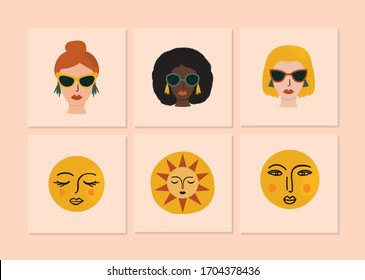 Faces of Woman and Sun Illustrations in Vector for invitations, poster, postcard, covers and social media.
